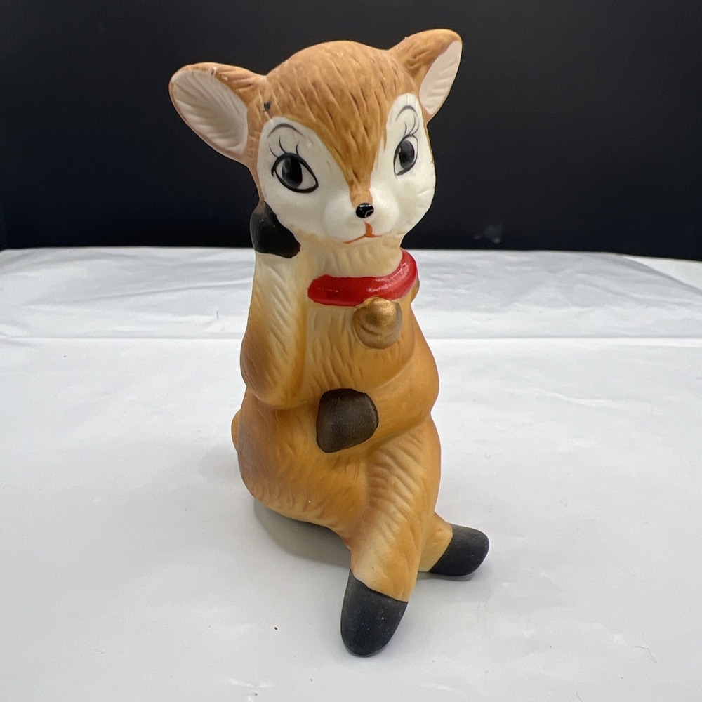 Vtg Homco 1416 Porcelain Bisque Fawn Baby Deer Figurine Red Jingle Bell Collar
